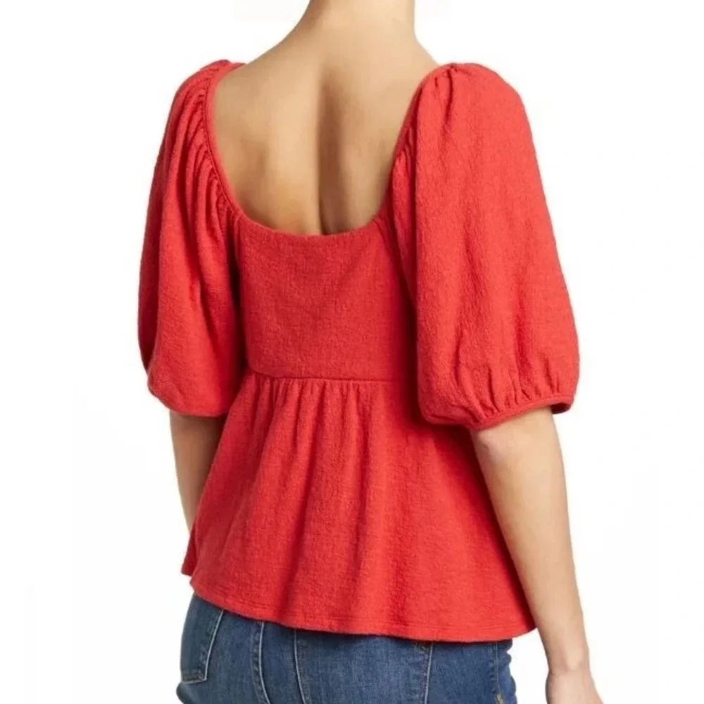 Madewell Red Square Neck Puff Sleeve Peplum Textured Blouse Top Medium Romantic